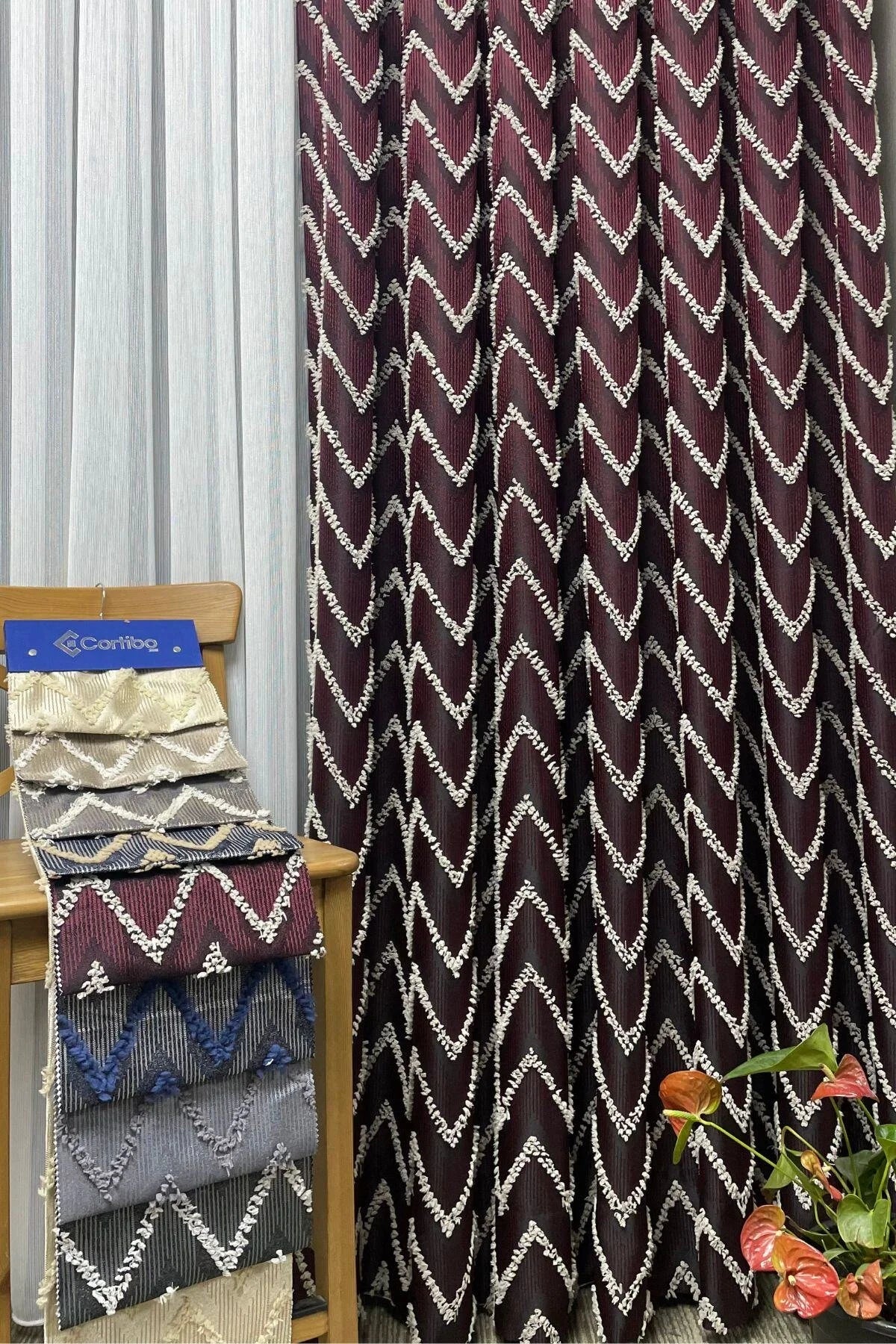 Verona Desenli Fon Perde - Bordo - Görsel 1