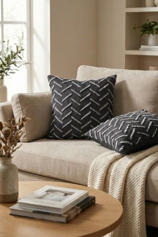 Harmony Serisi Püsküllü Dekoratif Kırlent Kılıfı – Antrasit&Açık Gri