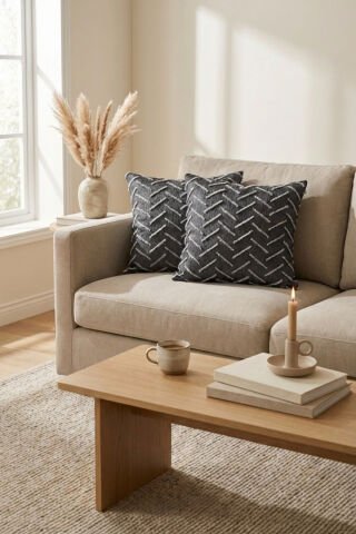 Harmony Serisi Püsküllü Dekoratif Kırlent Kılıfı – Antrasit&Açık Gri