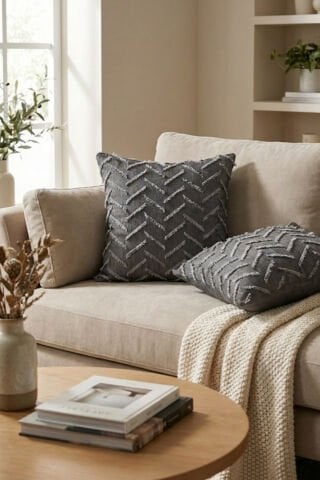 Harmony Serisi Püsküllü Dekoratif Kırlent Kılıfı – Antrasit&Gri