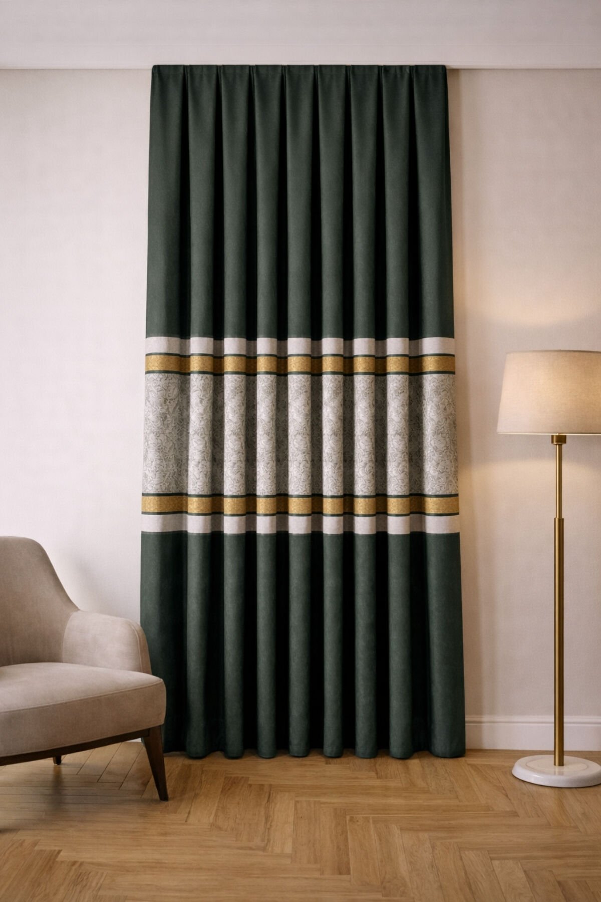 Berlin Pano Fon Perde - Yeşil&Gold